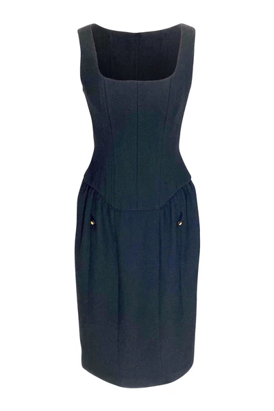 Chanel Vintage Vintage Jurken Pre-owned Vintage 1990s Corset Dress In Wool Black 2 Chanel Vintage Vintage Jurken Pre-owned Vintage 1990s Corset Dress In Wool Black - Afbeelding 2