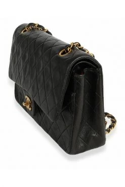 Vintage Tassen Chanel Vintage Black Quilted Lambskin Medium Classic Double Flap Bag Black